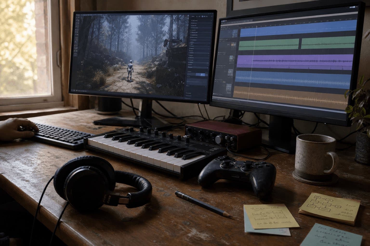 Original editorial photograph-style image of a game-audio desk with engine, timeline, keyboard, headphones, and controller