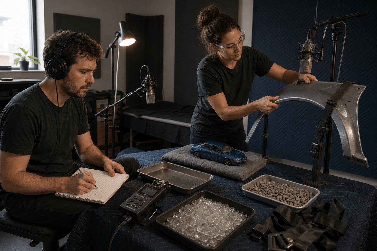 Two Foley artists design a crash with a secured lightweight panel and safe props