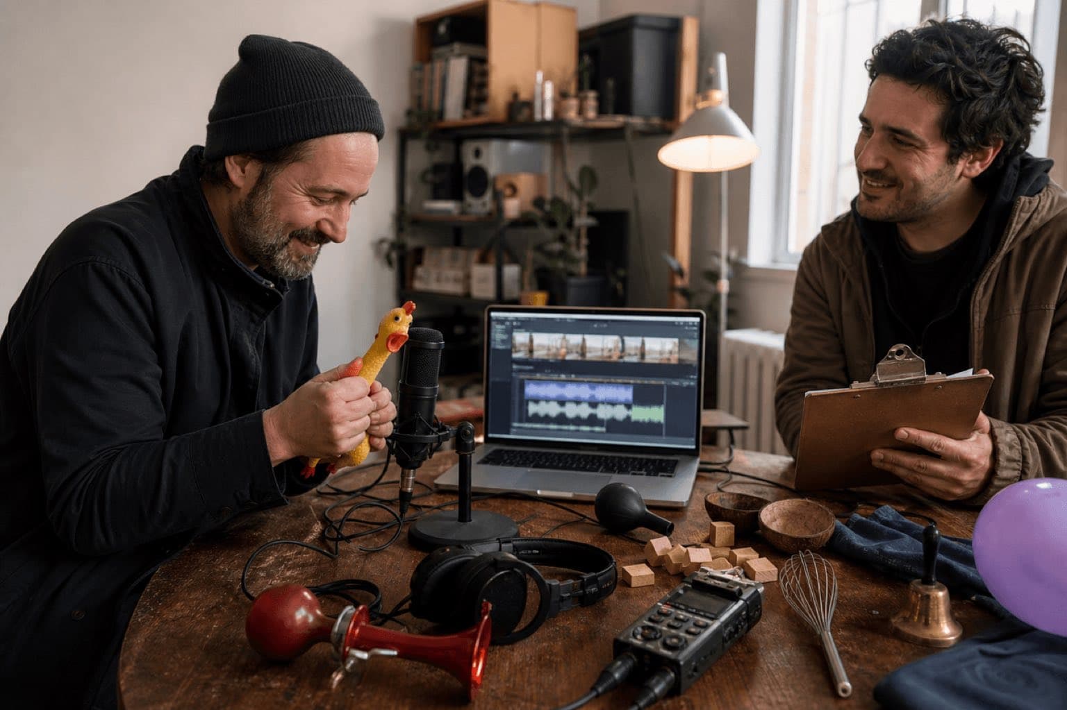 Two sound designers record comedy Foley with a rubber toy and household props