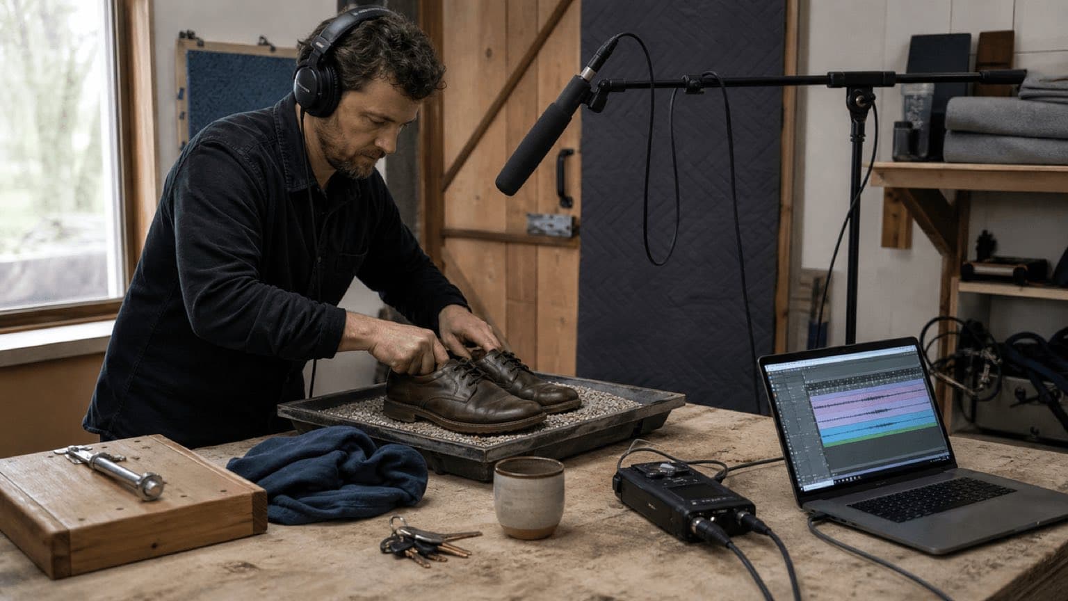 Foley artist records shoes on gravel with a shotgun microphone and field recorder