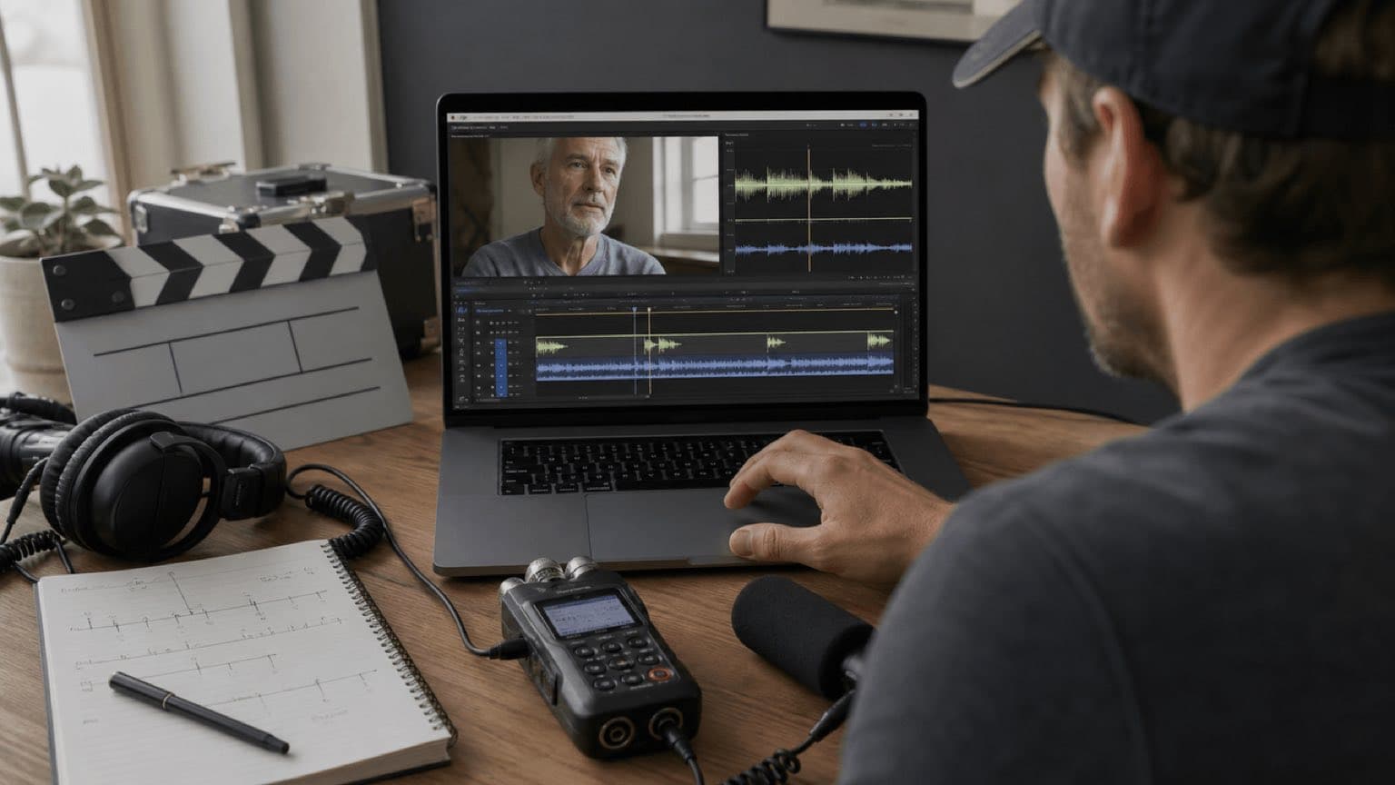 Editor aligns camera scratch audio and field-recorder waveforms using a slate