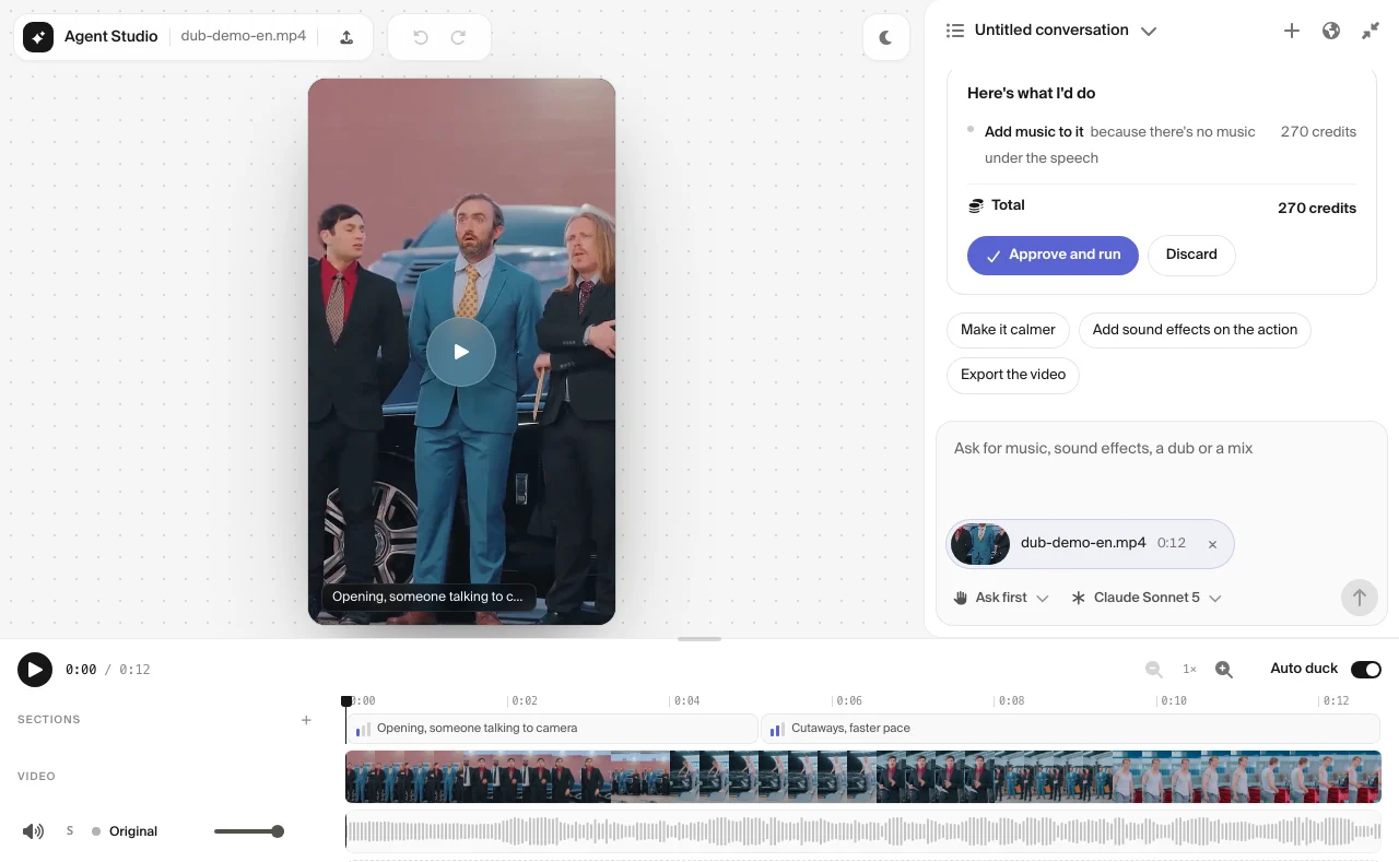 Agent Studio with a video preview, a timeline, and a chat panel showing the agent's plan with its credit cost and an Approve and run button.