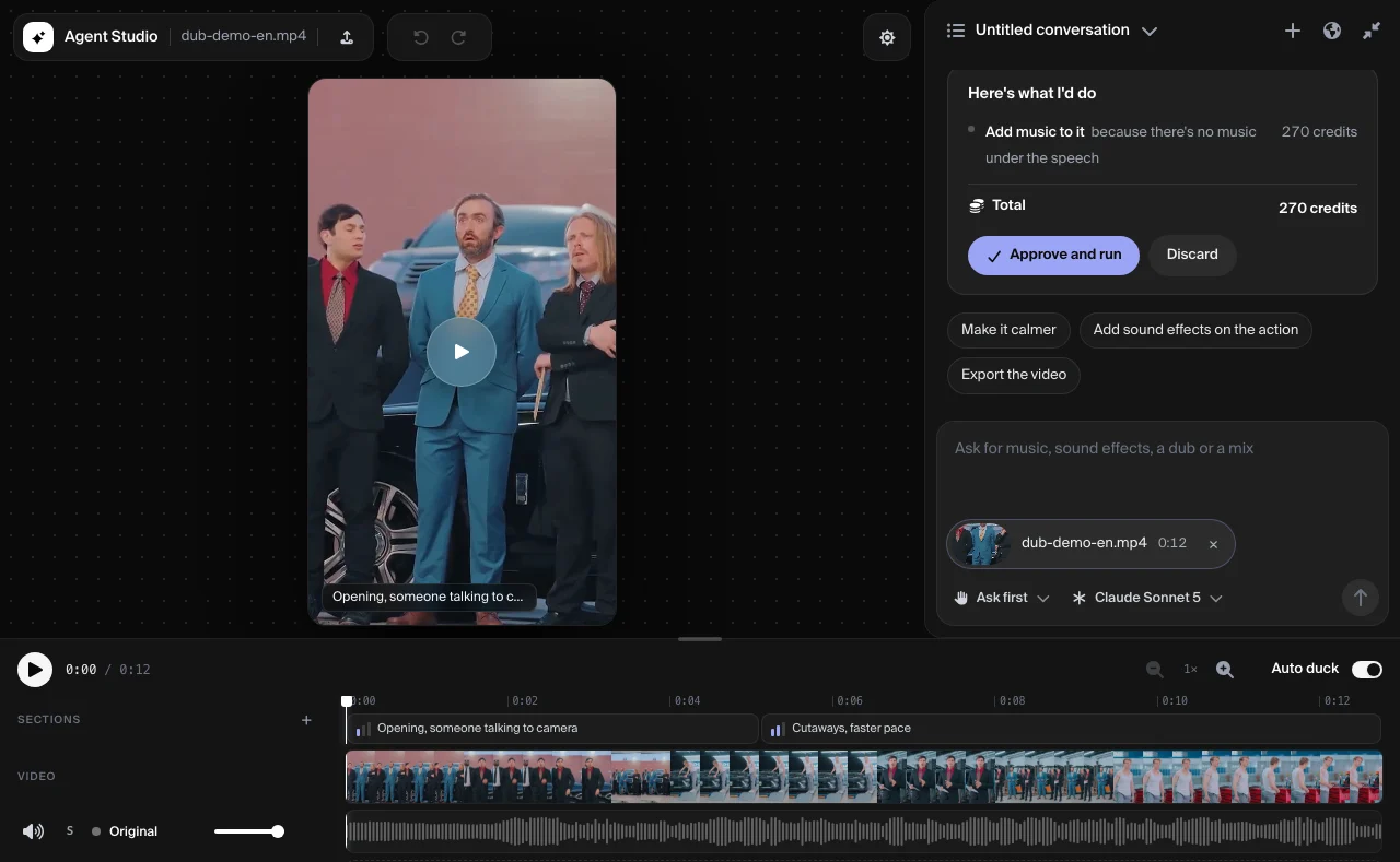 Agent Studio with a video preview, a timeline, and a chat panel showing the agent's plan with its credit cost and an Approve and run button.