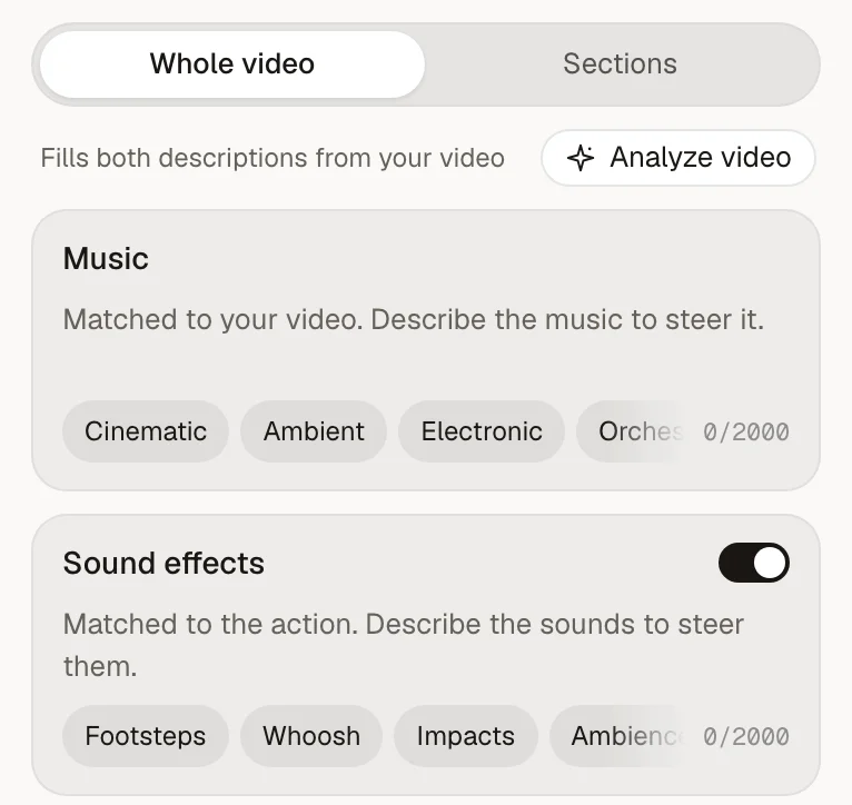 The Studio settings panel with the Analyze video button above the music and sound effects descriptions.