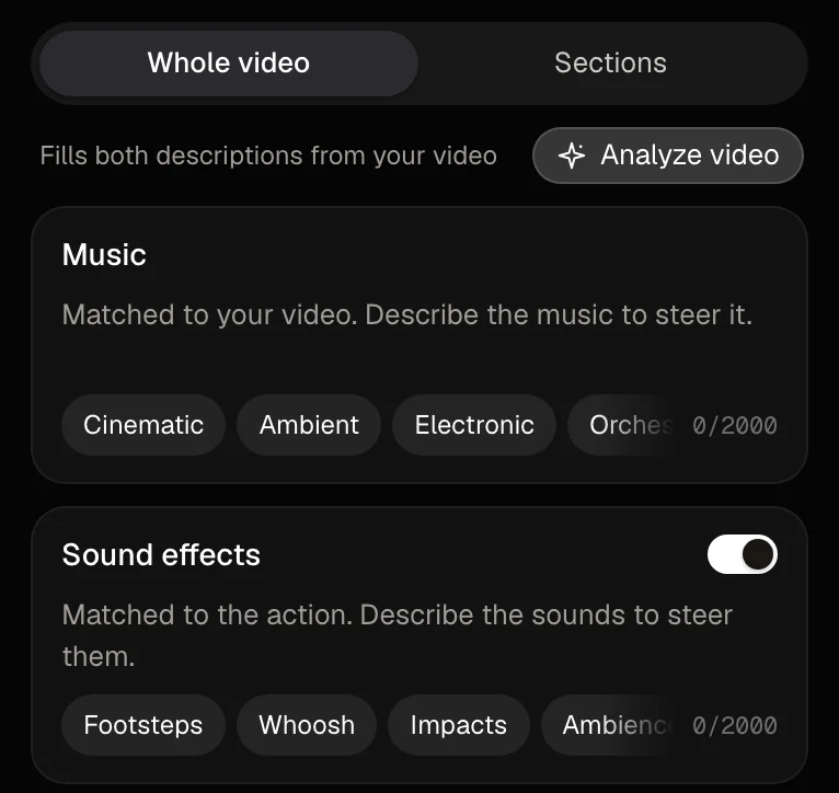 The Studio settings panel with the Analyze video button above the music and sound effects descriptions.