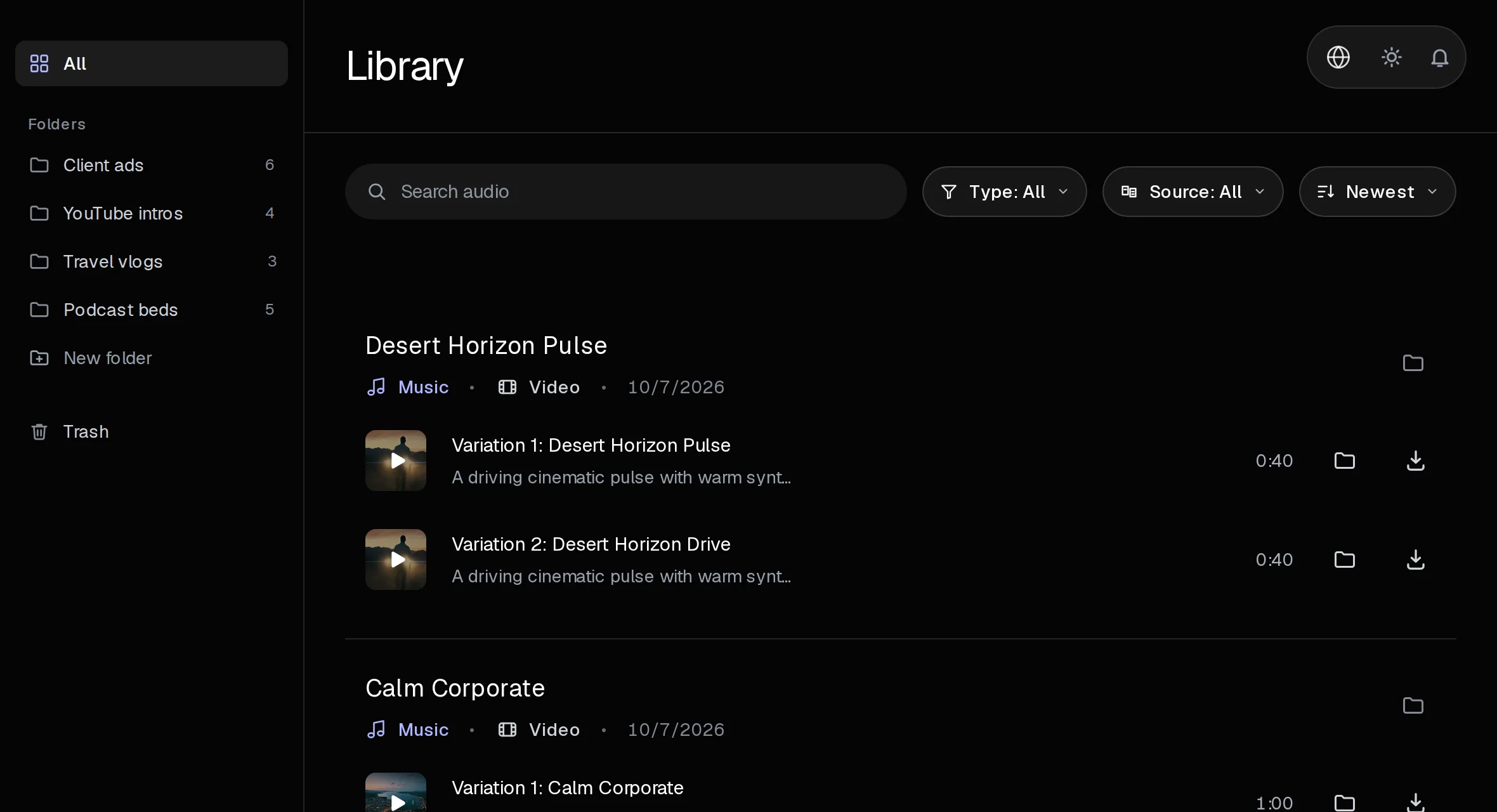 The Library with a list of folders beside the tracks.