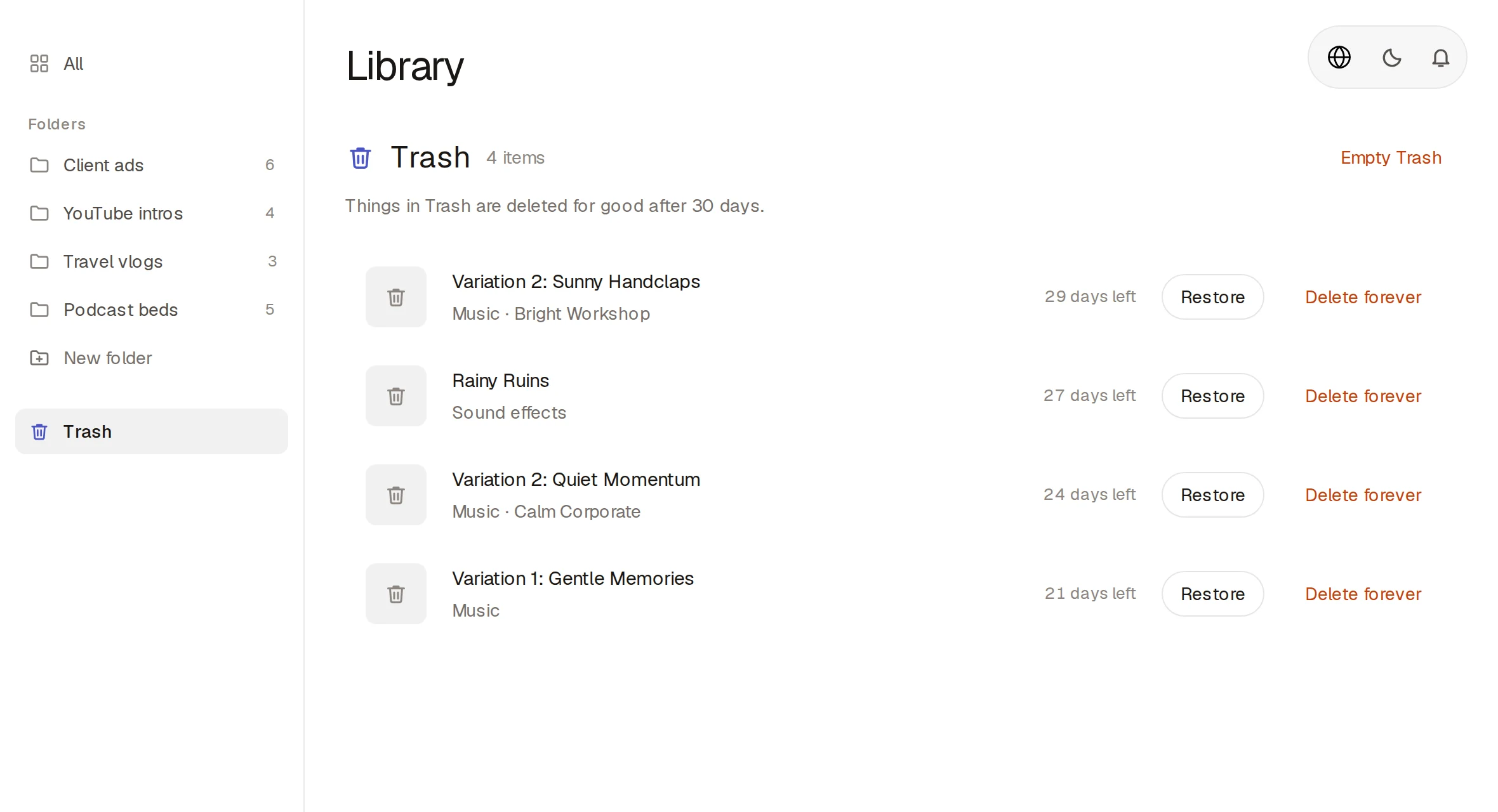 Library Trash with Restore and Delete forever beside each item.