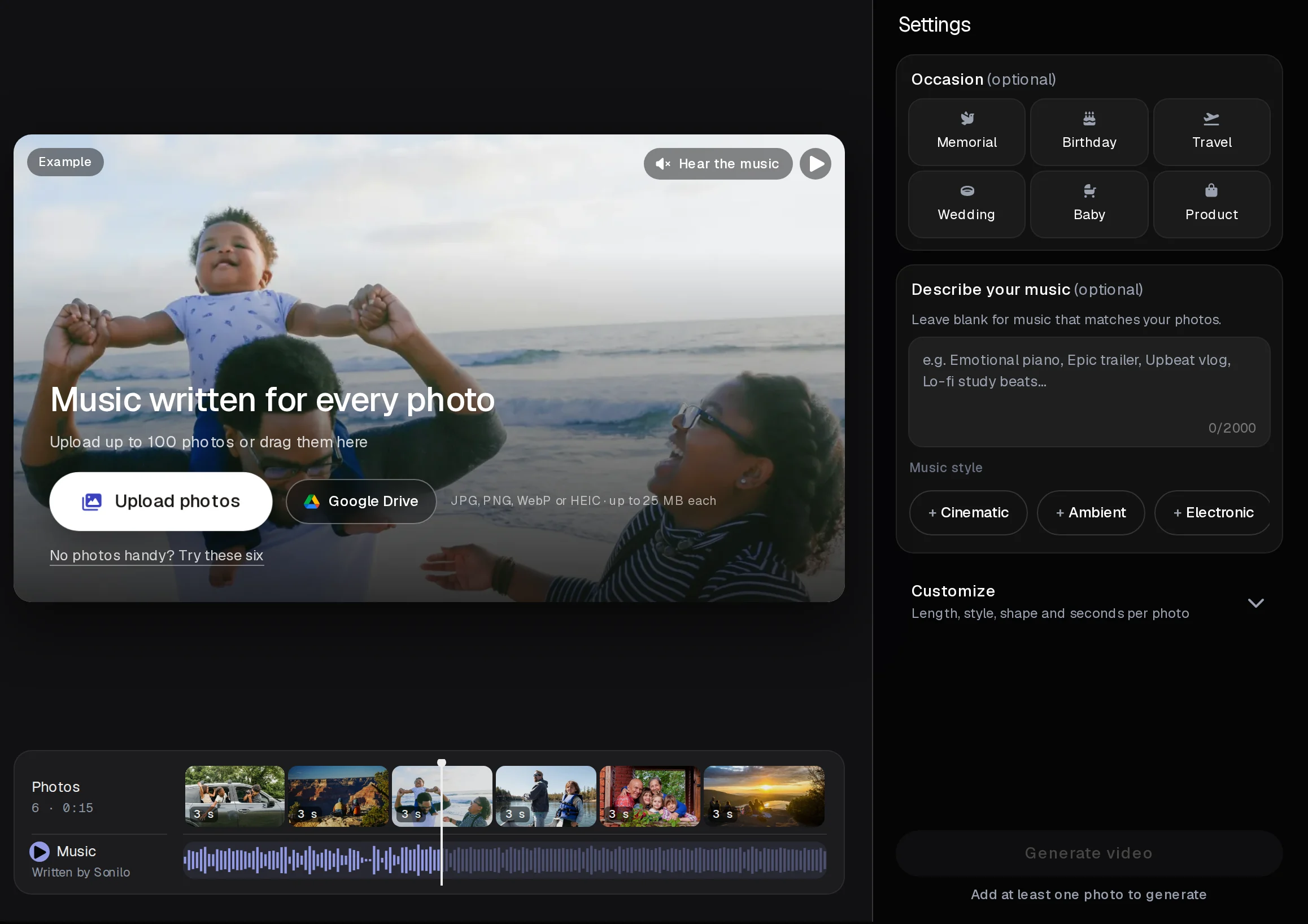 Music for photos with an example family photo, the photo strip and its music, and the settings beside it.