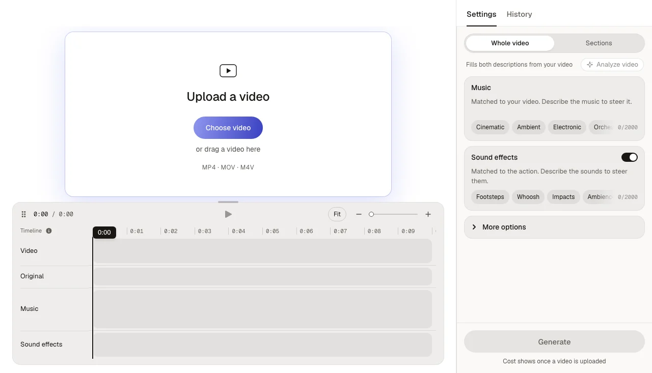 The create page with a Whole video and Sections switch above the music and sound effects settings, next to an empty timeline.