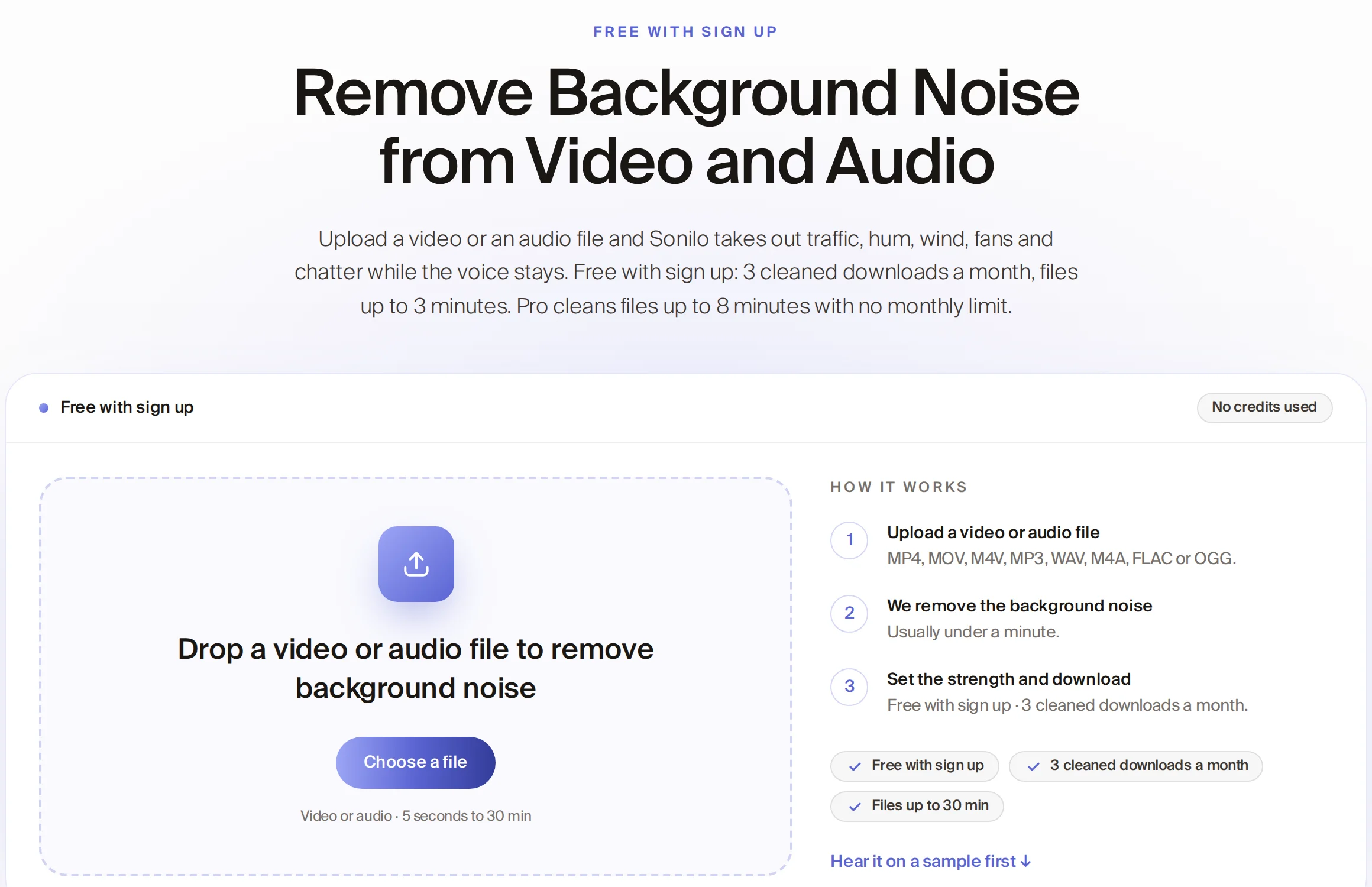 The background noise remover page with an upload area and three steps: upload, remove the noise, set the strength and download.