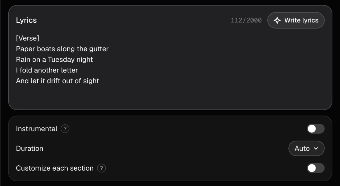 Music from text settings with a verse of lyrics and Instrumental turned off.