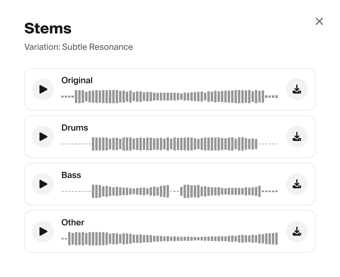 The Stems panel listing Original, Drums, Bass and Other, each with its own play and download button.