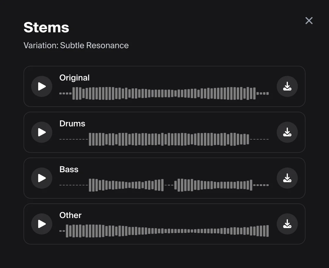 The Stems panel listing Original, Drums, Bass and Other, each with its own play and download button.