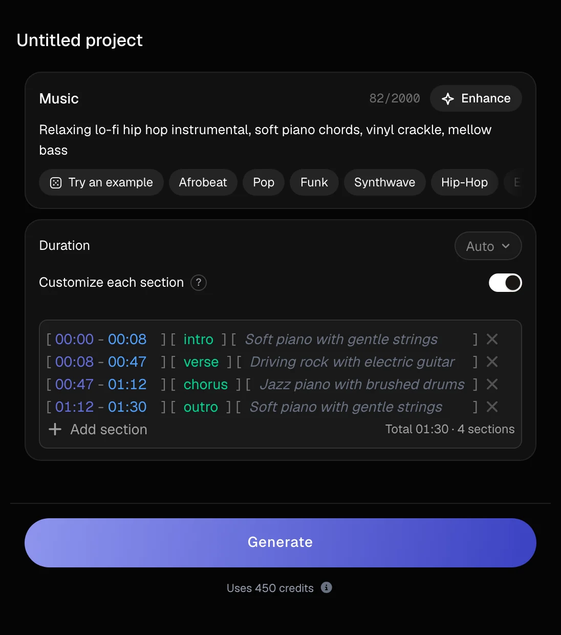 Sonilo text-to-music form with Customize each section switched on, listing intro, verse, chorus and outro sections with a prompt for each.