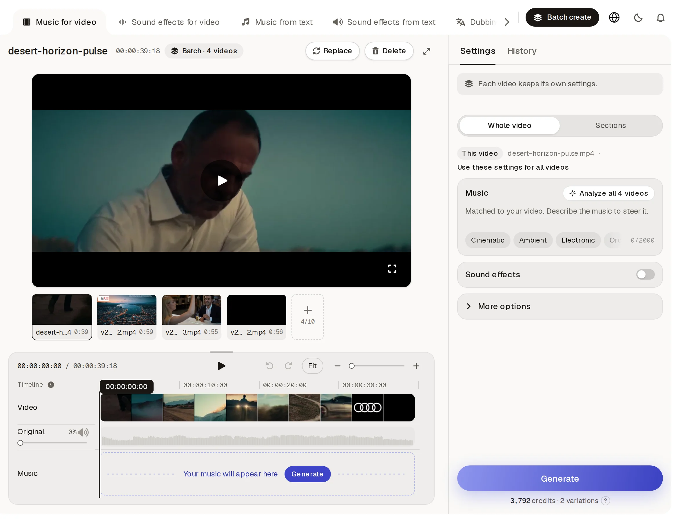 Music for video in Batch create, with four videos in a strip under the player and an Analyze all 4 videos button.