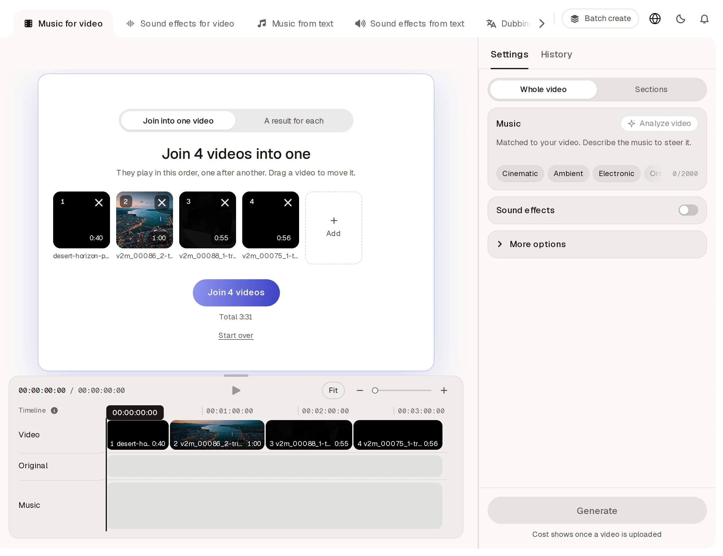 The create page with four videos in a row to join, numbered in play order, above a Join 4 videos button.