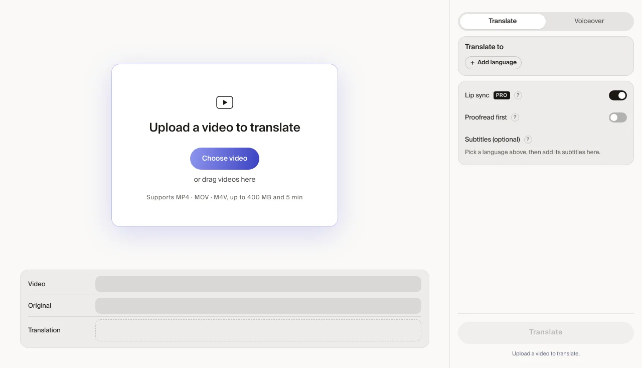 The Dubbing page with an upload box and settings for target languages, lip sync, proofreading and subtitles.